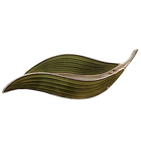 Aksel Holmsen Norway Sterling 925S Green Enamel Leaf Duo Pin, Signed L47 - Picture 9 of 9